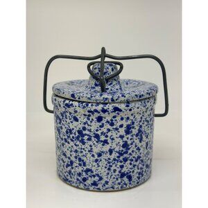 Vintage Blue Spongeware Splatter Butter Crock Locking Lid Wire Pottery Speckled